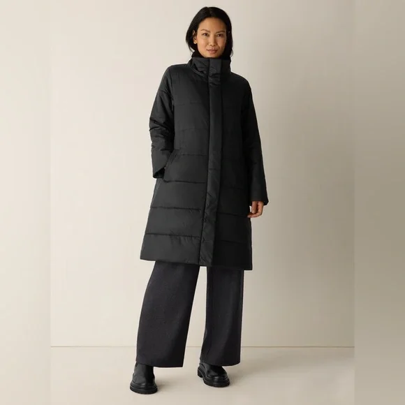 NWT EILEEN FISHER Eggshell Recycled Nylon Stand Collar Coat - Picture 2 of 11